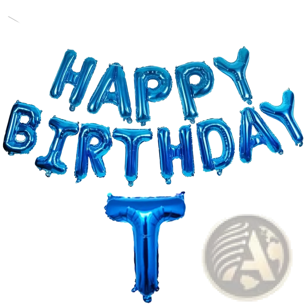 Blue birthday balloon banner and confetti kit with blue metallic foil letters spelling happy birthday with a 16-inch t balloon for scale