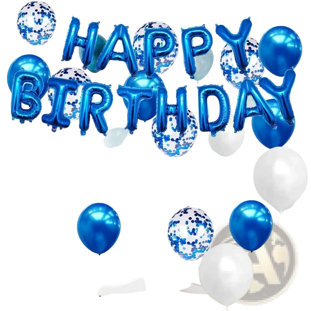 Blue birthday balloon banner and confetti kit featuring metallic blue letter balloons and assorted blue and white confetti balloons