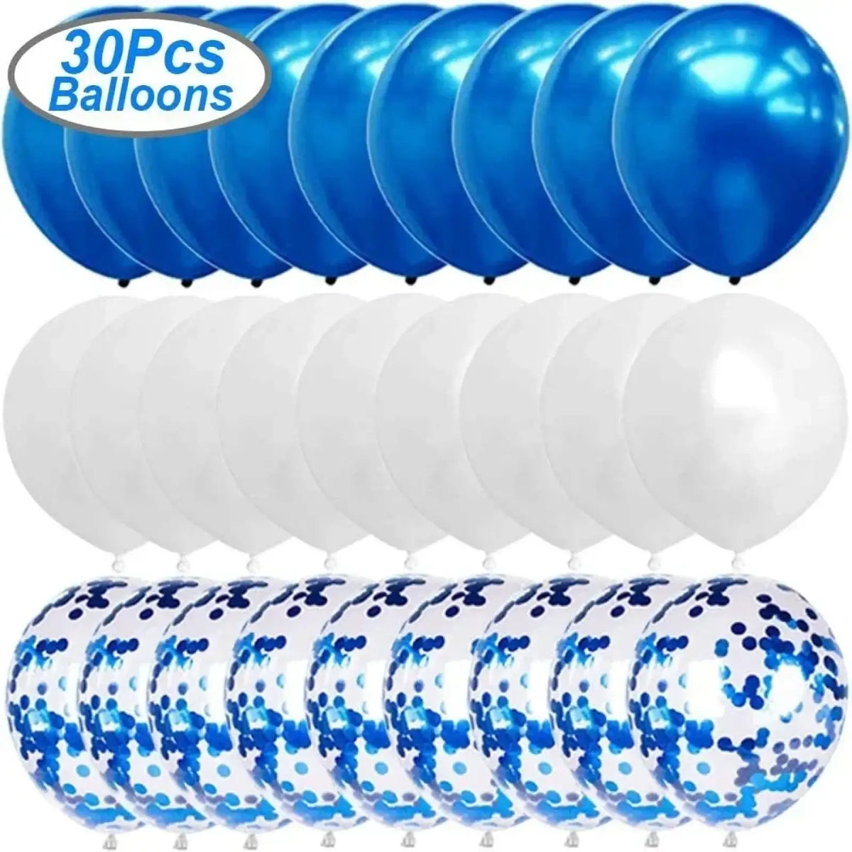Set of 30 shiny blue, white, and clear blue confetti balloons for blue birthday balloon banner and confetti kit