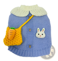 A soft blue knitted pet sweater with a cream crocheted collar, yellow carrot pouch, and white bunny appliqué