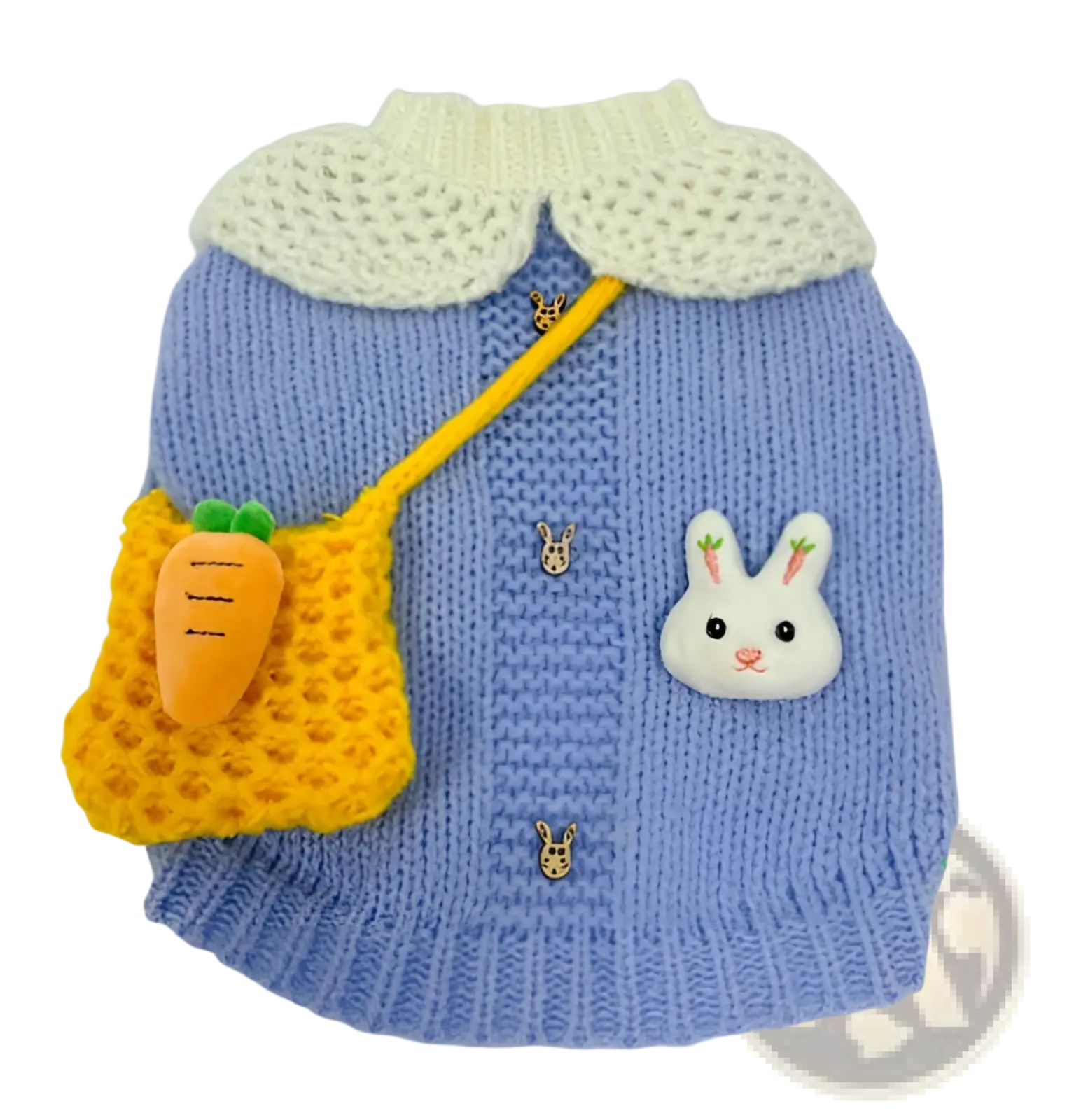A soft blue knitted pet sweater with a cream crocheted collar, yellow carrot pouch, and white bunny appliqué