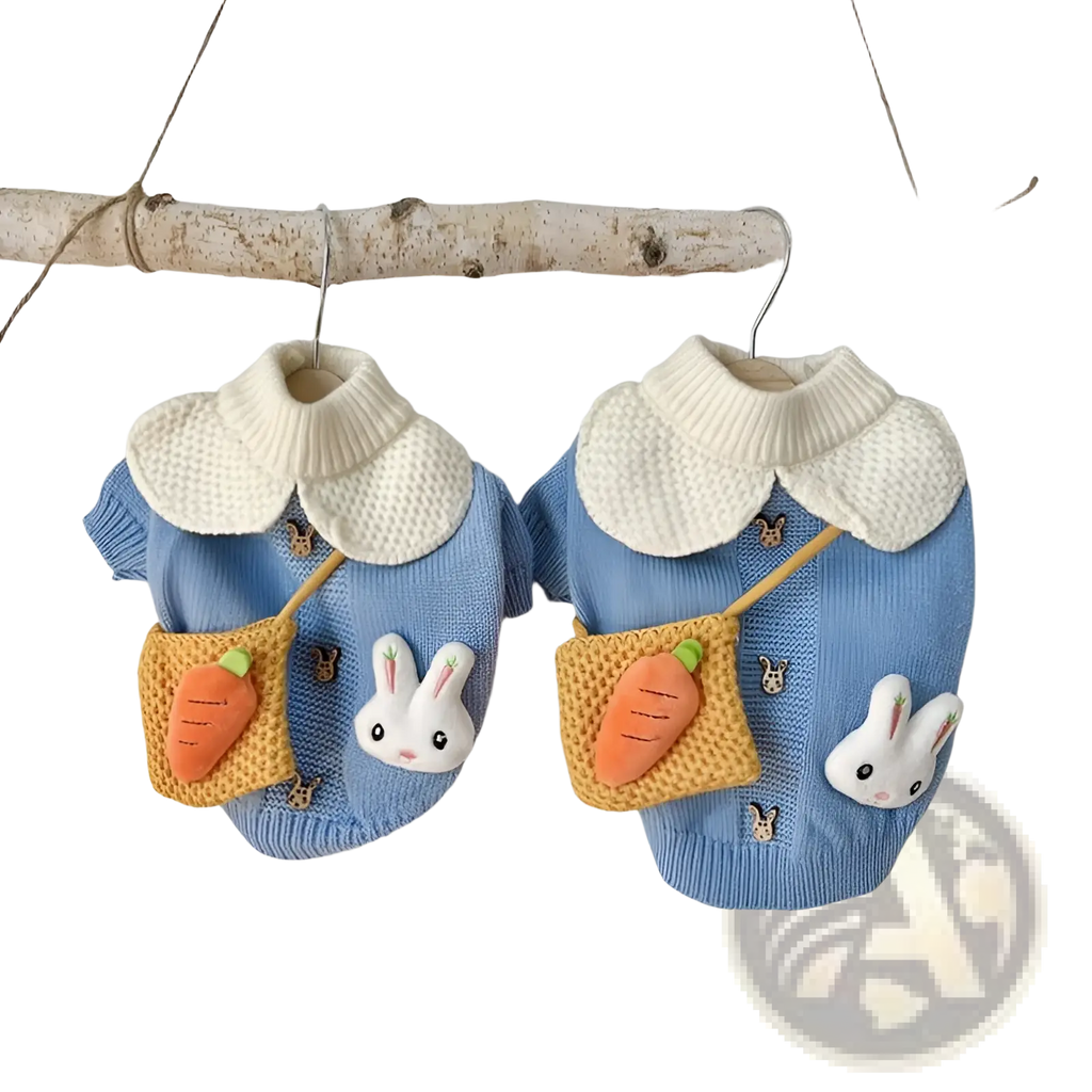 Blue bunny knitted pet sweater in blue with cream collar and embroidered carrot and bunny appliqués