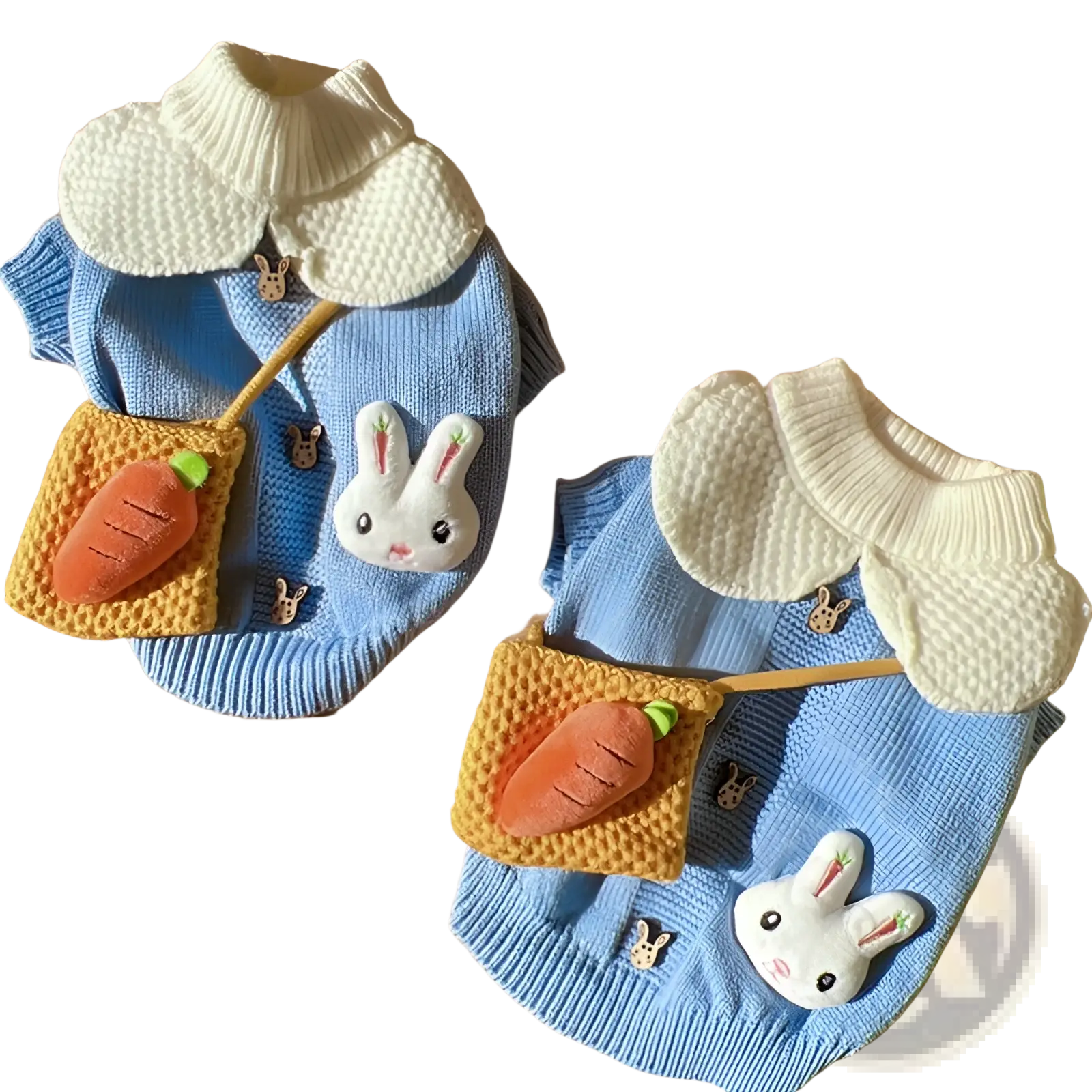 Blue bunny knitted pet sweater with cream collar and carrot-themed pouch made of soft blue knit material