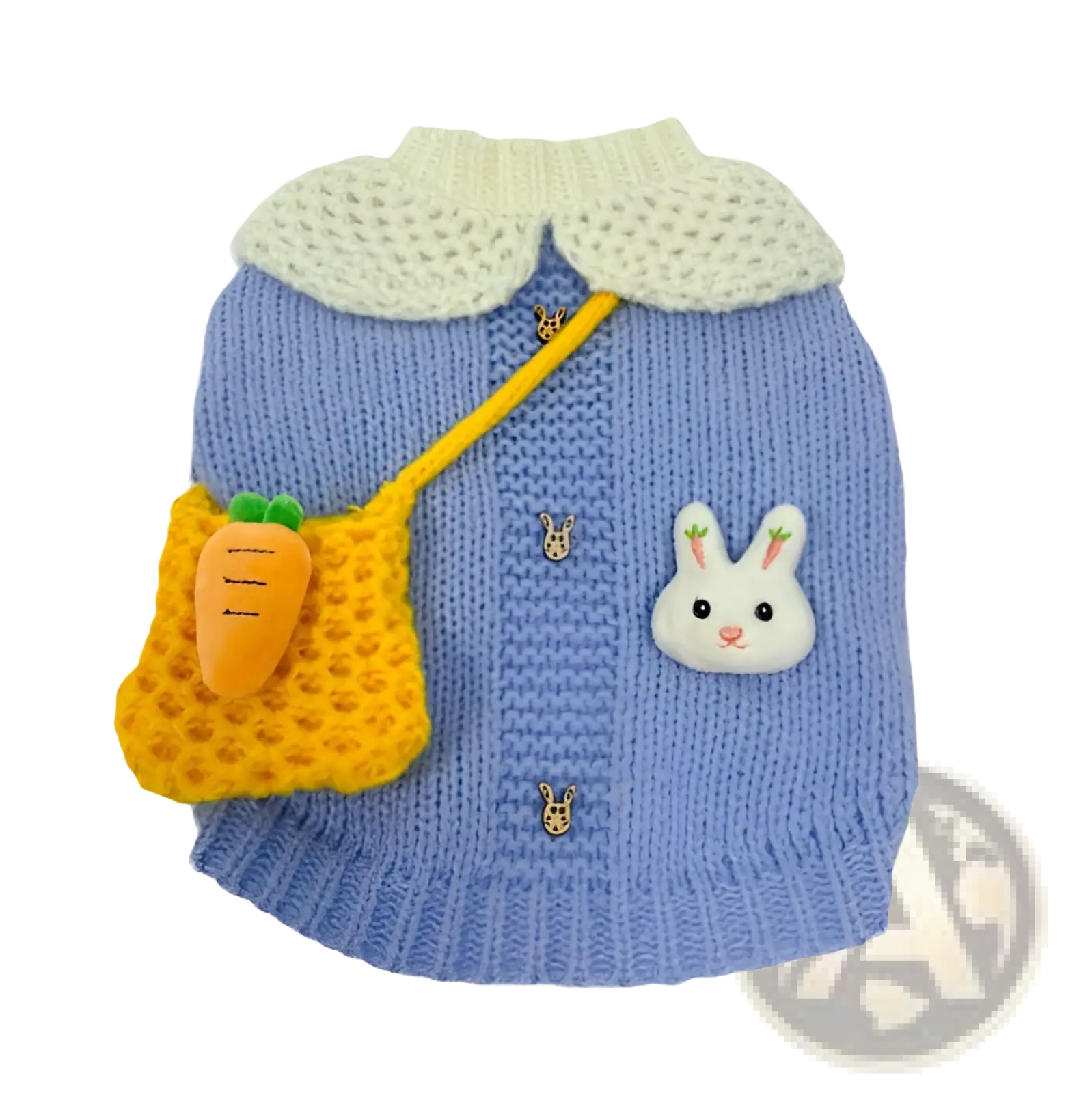 Blue bunny knitted pet sweater in light blue wool with a cream crocheted collar and rabbit-themed decorative pins