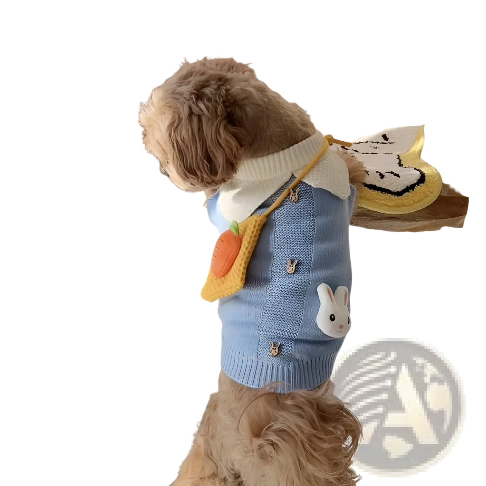 Blue knitted pet sweater with white collar and bunny appliqué details for small dogs or cats