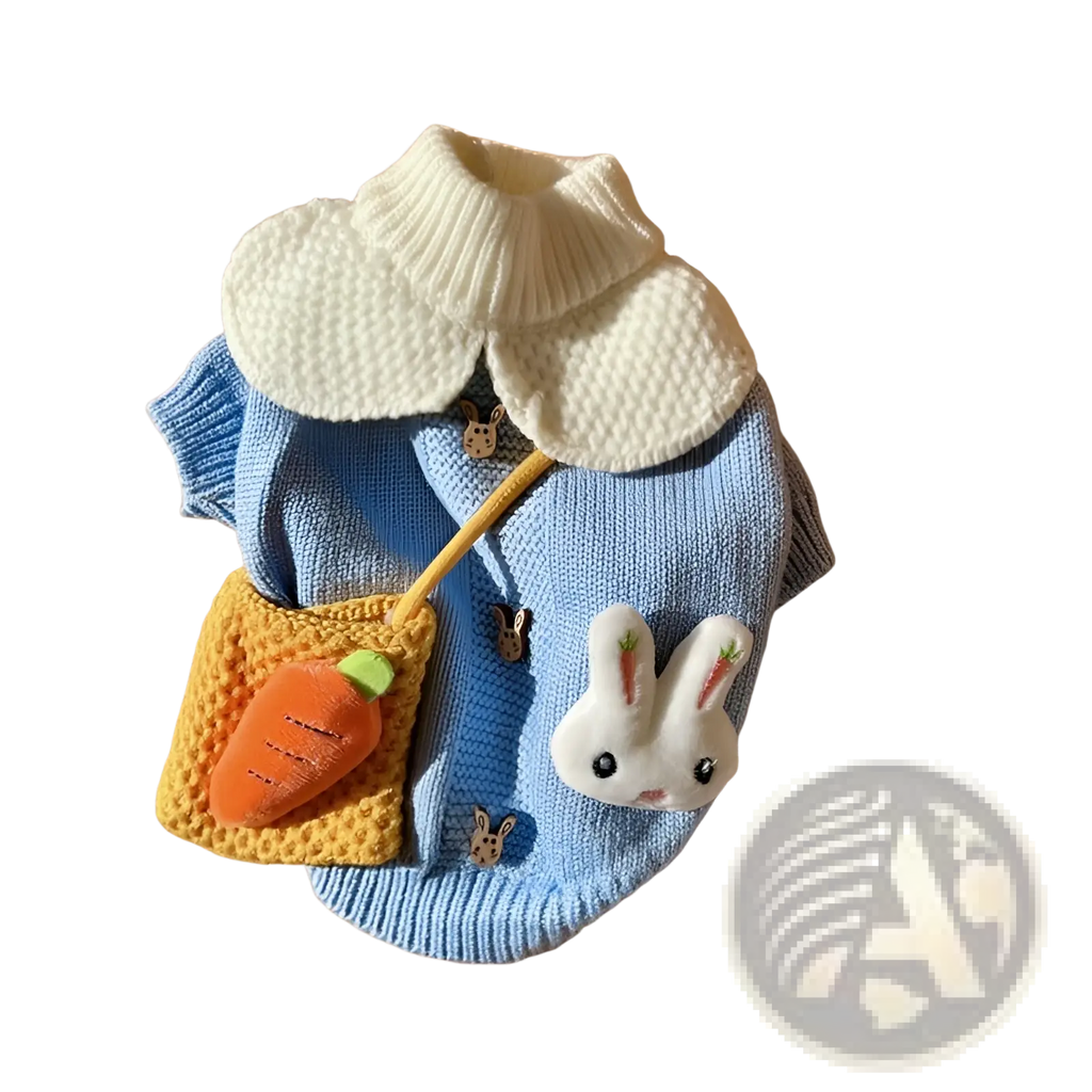 Blue bunny knitted pet sweater in blue wool with white textured collar and bunny appliqués with embroidered buttons