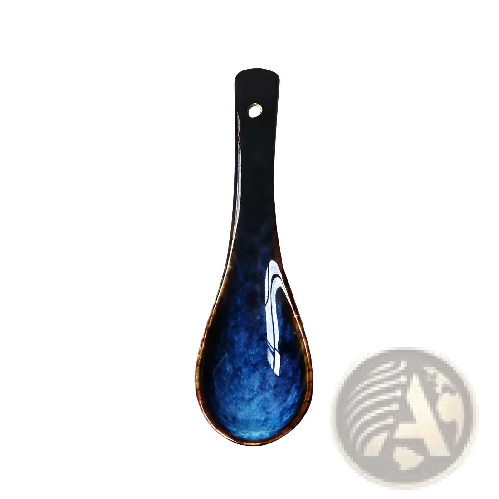 A sleek glossy blue ceramic spoon rest with white swirls and a black handle designed for porcelain tableware use