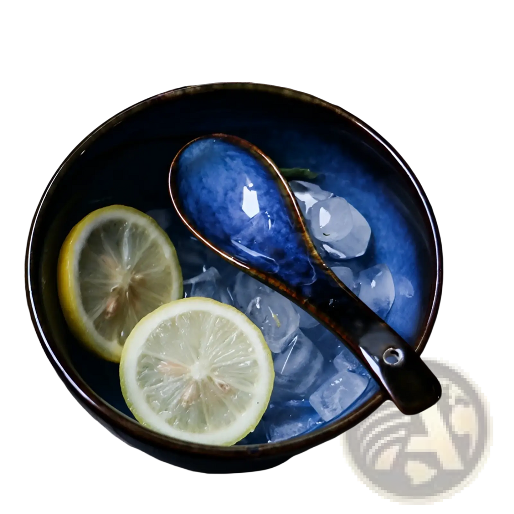 Deep blue ceramic spoon kiln glaze porcelain bowl with rustic brown rim holding ice cubes and sliced lemons