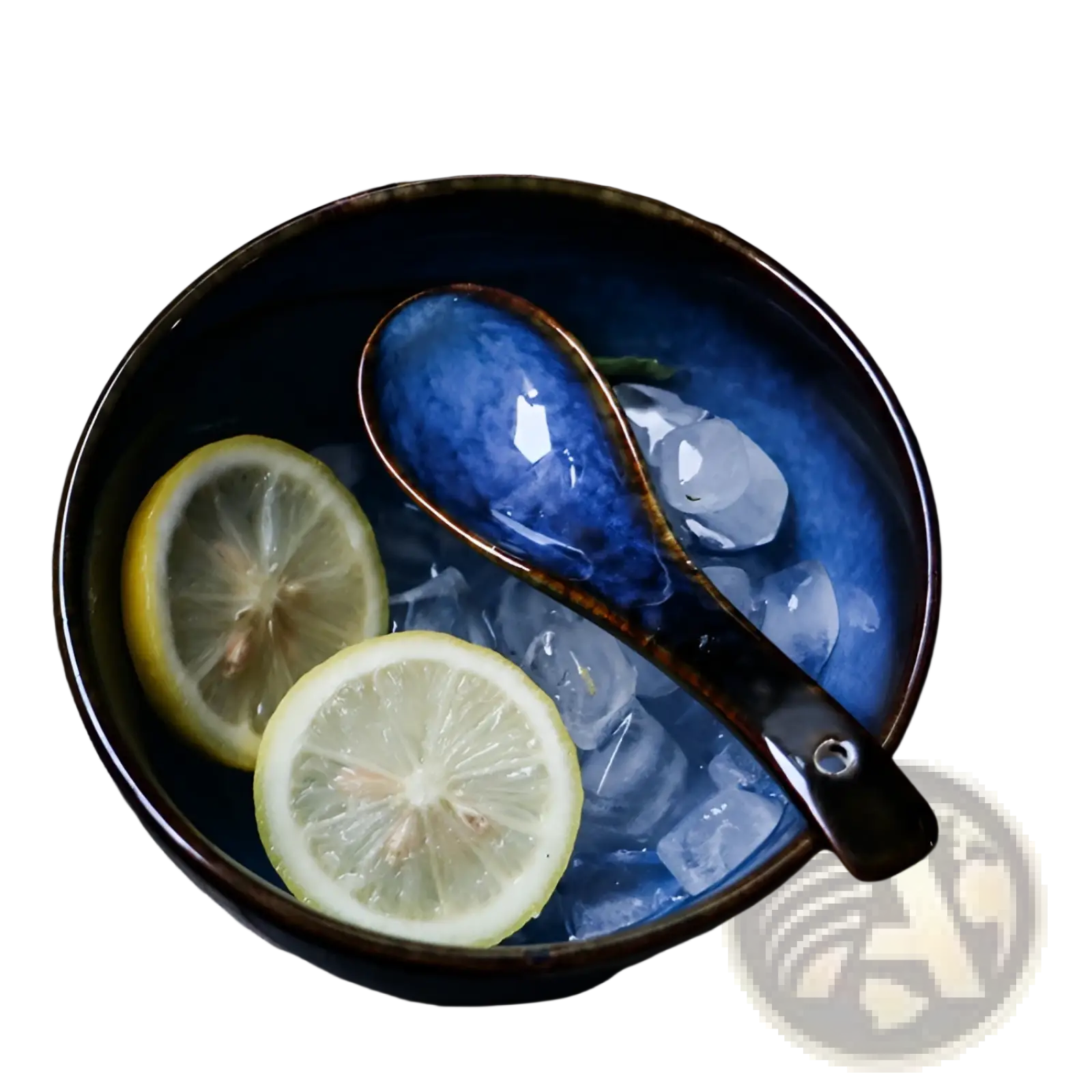 Deep blue ceramic spoon kiln glaze porcelain bowl with rustic brown rim holding ice cubes and sliced lemons