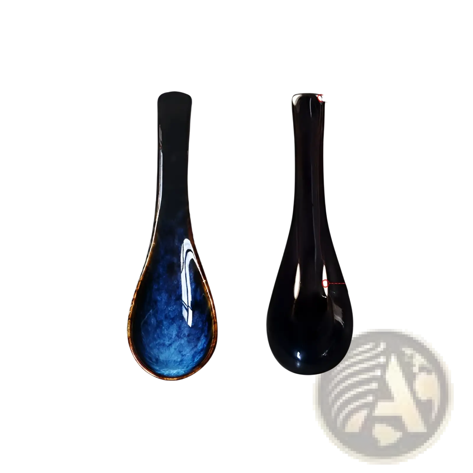 A sleek glossy black ceramic spoon with vibrant blue kiln glaze and gold rim for porcelain tableware use