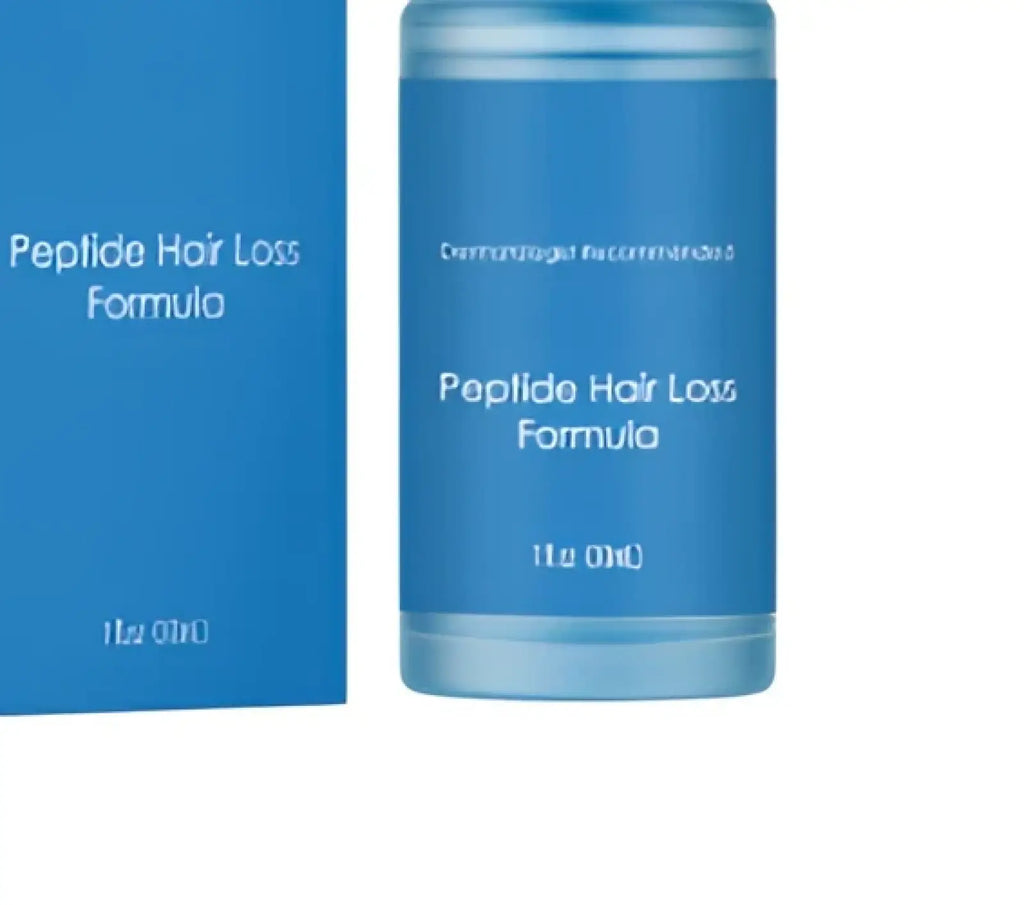 Blue cylindrical bottle of peptide hair loss formula with clear cap and blue label for hair growth serum 30ml