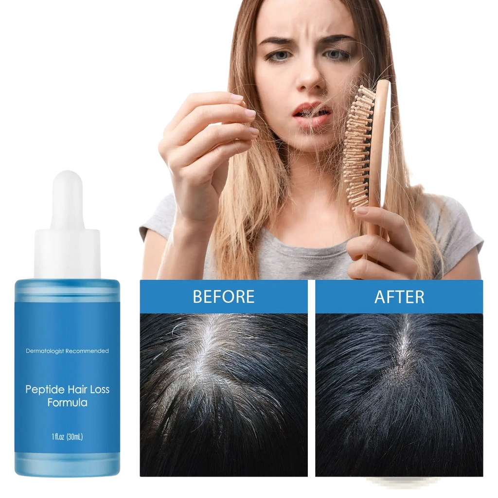 Blue glass bottle with white dropper cap labeled peptide hair loss formula for blue copper peptide hair growth serum 30ml