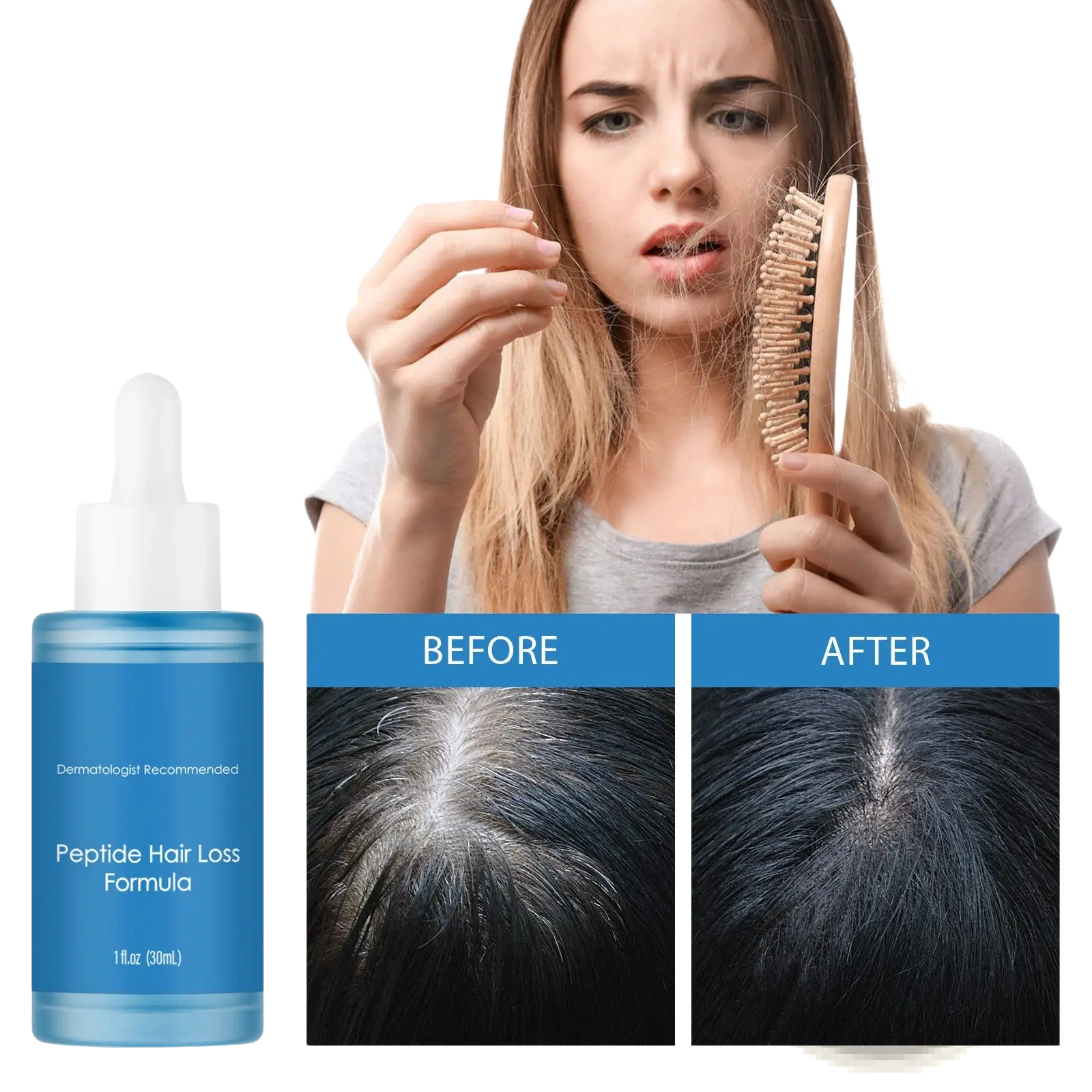 Blue glass bottle with white dropper cap labeled peptide hair loss formula for blue copper peptide hair growth serum 30ml