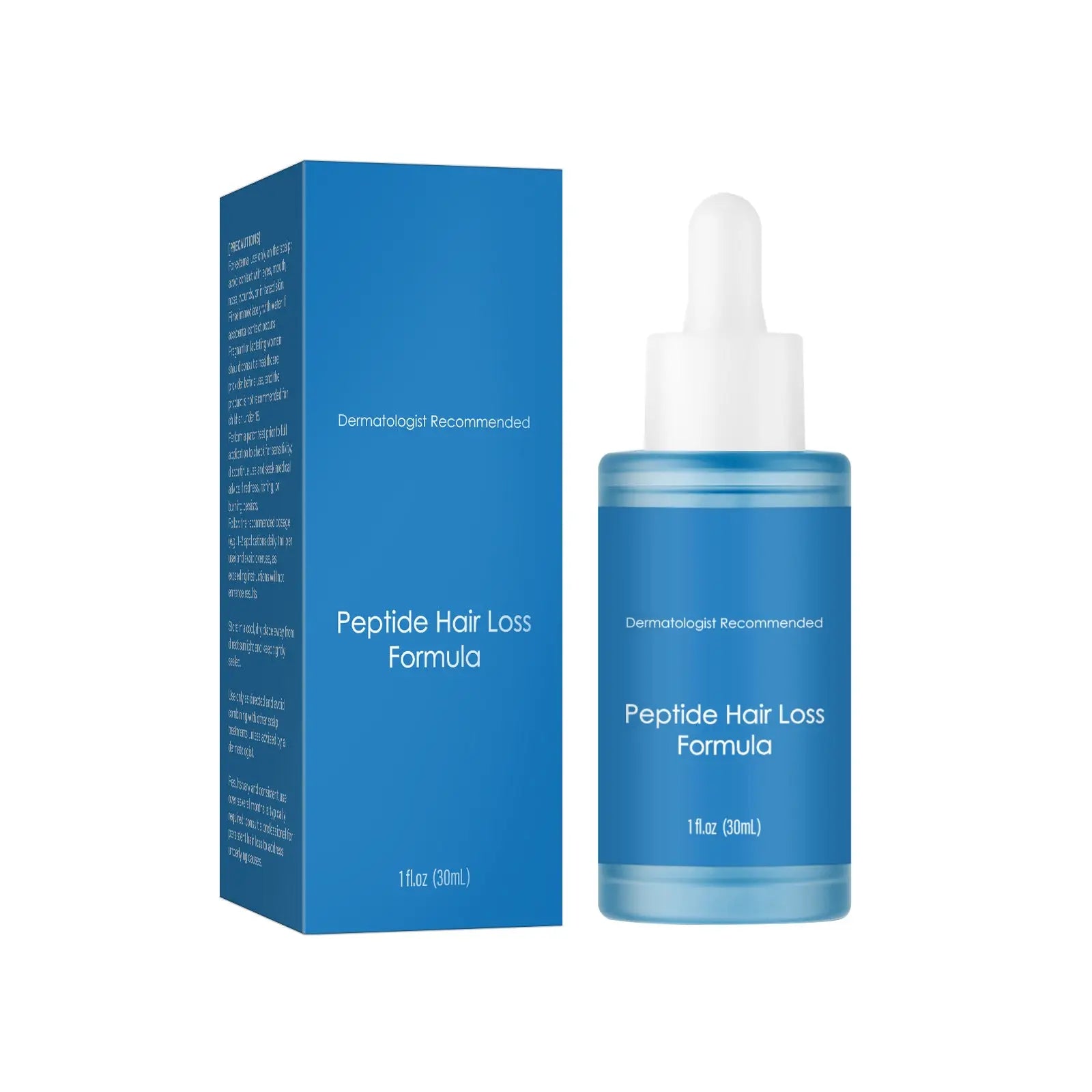 Blue copper peptide hair growth serum 30ml in a blue glass bottle with white dropper cap and matching blue box labeled peptide hair loss formula