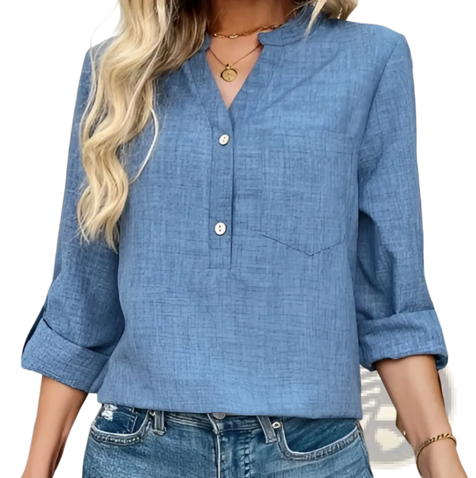 Blue denim button-up blouse with v-neck, rolled sleeves, and chest pockets made of durable denim fabric