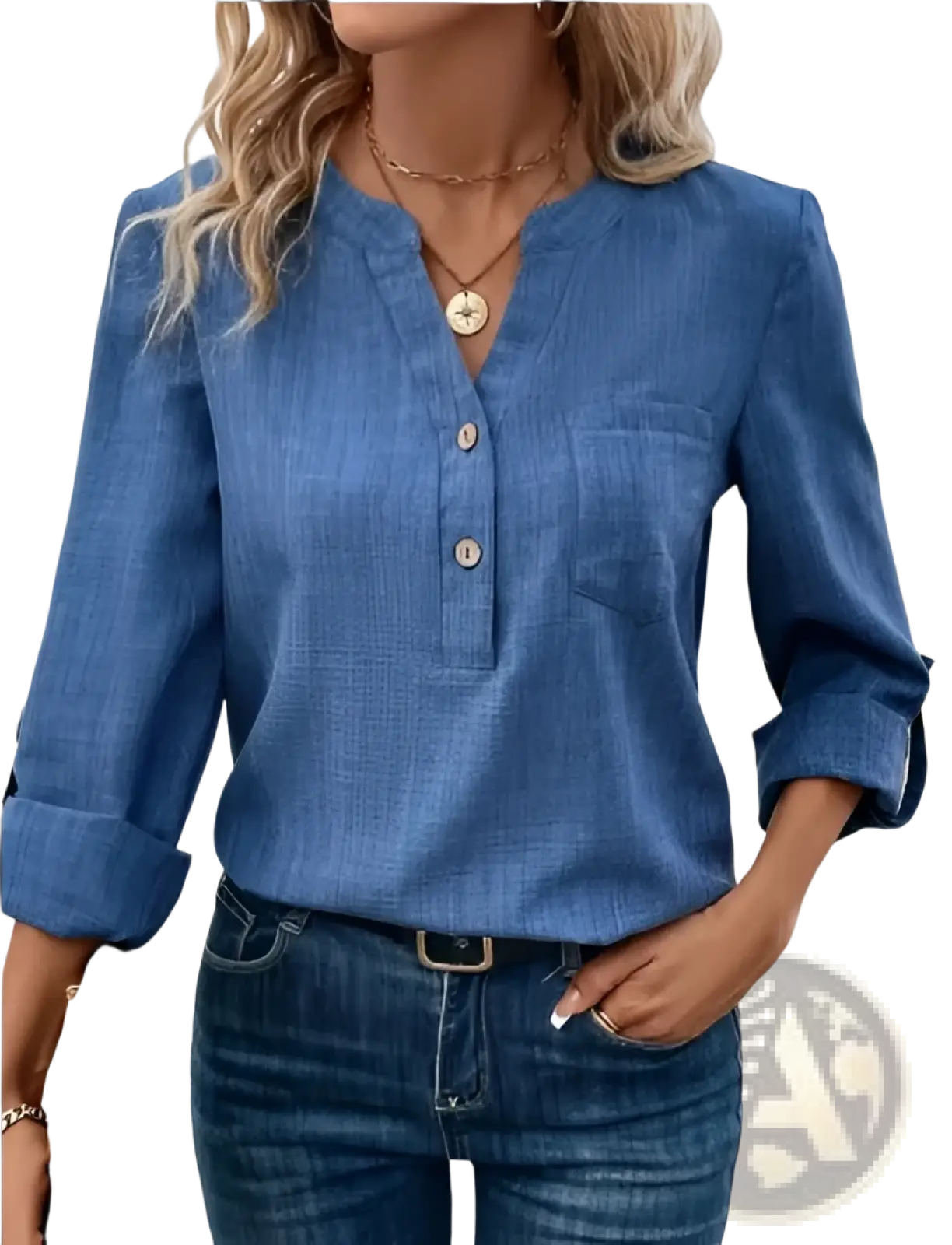 Blue denim button up v neck blouse with three quarter sleeves and pockets in soft denim fabric