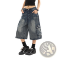 Blue dark-wash denim cargo shorts with a relaxed wide-leg cut and multiple pockets for streetwear use