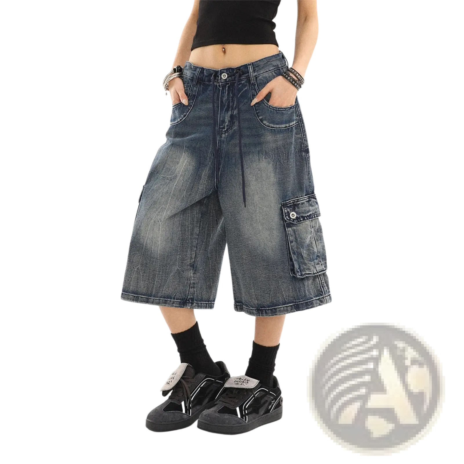 Blue dark-wash denim cargo shorts with a relaxed wide-leg cut and multiple pockets for streetwear use
