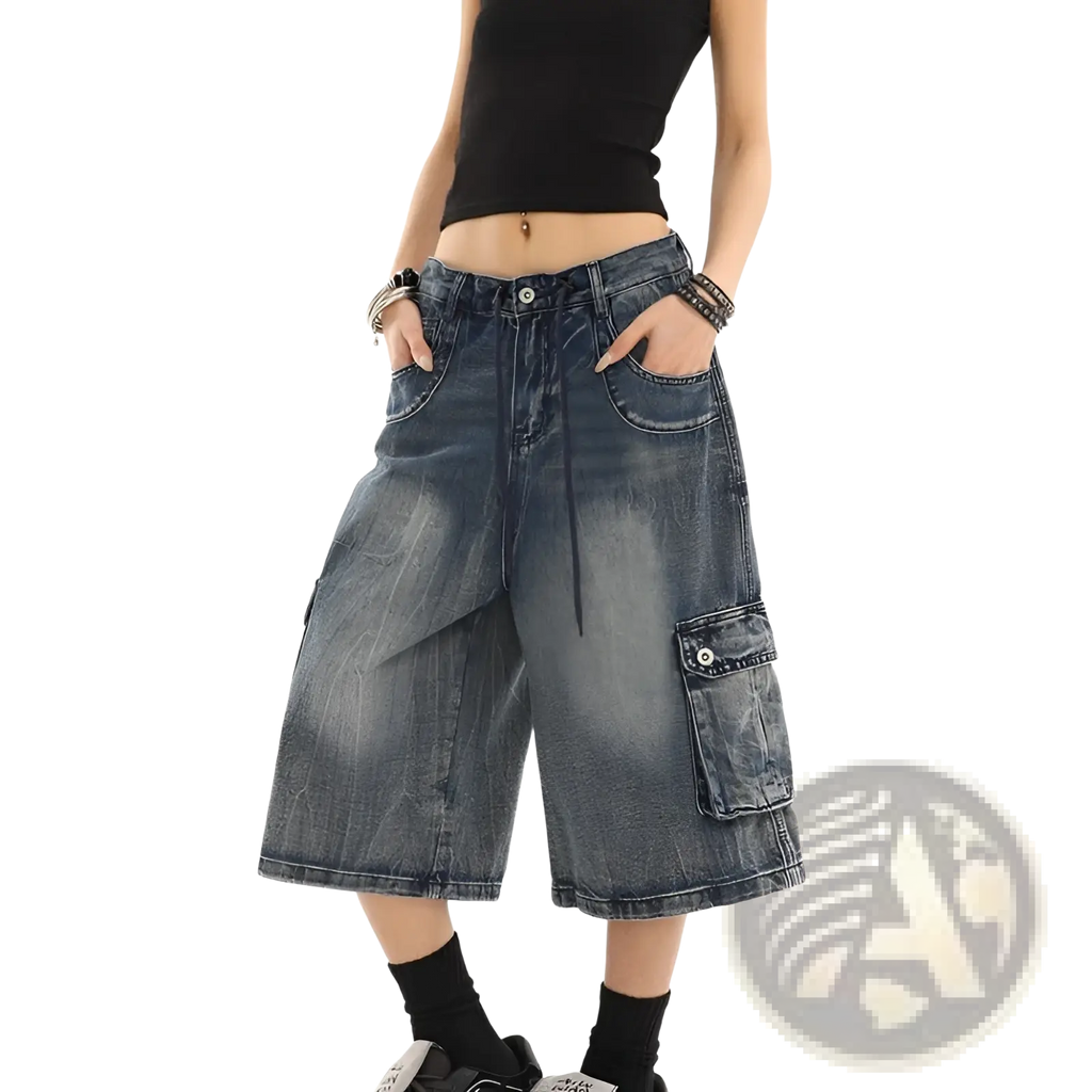 Blue denim cargo pants with a straight leg cut and multiple pockets in dark-wash denim for streetwear
