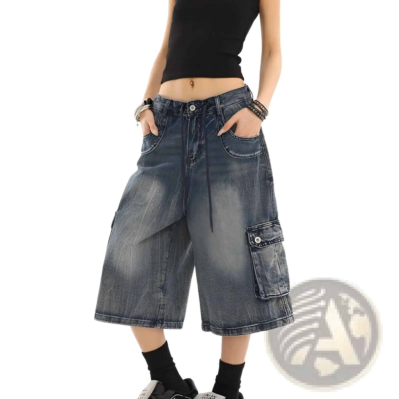 Blue denim cargo pants with a straight leg cut and multiple pockets in dark-wash denim for streetwear
