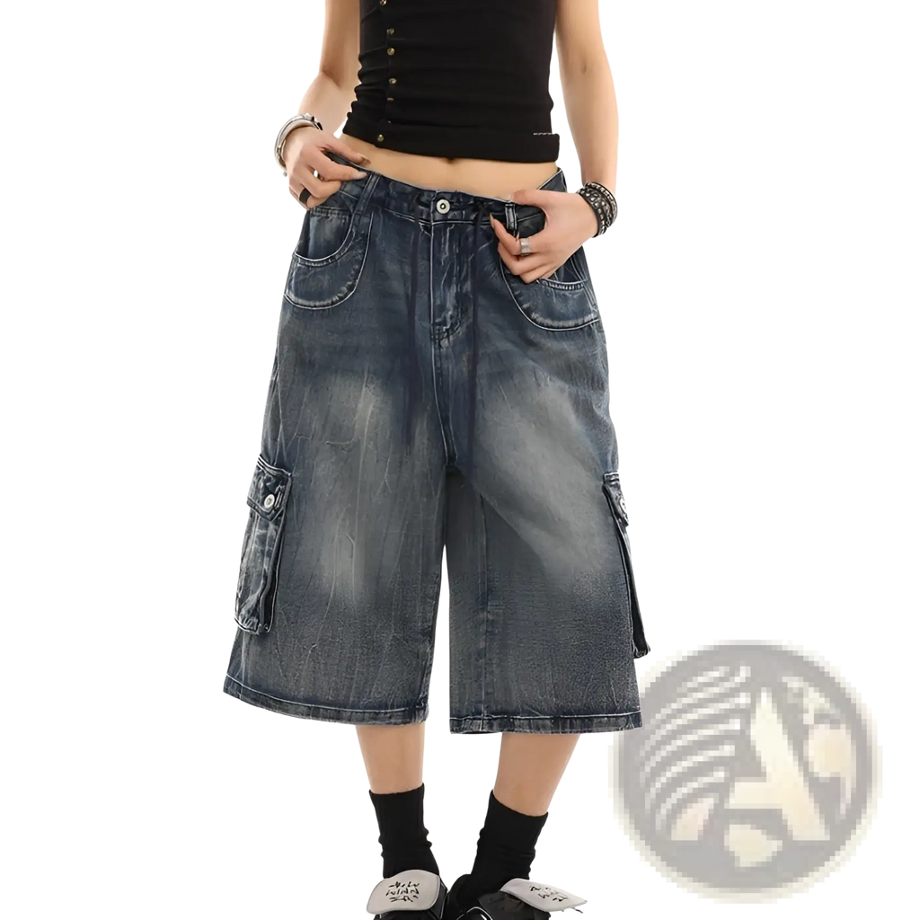 Blue denim cargo pants with a relaxed wide-leg cut multiple pockets in dark-wash denim for streetwear use