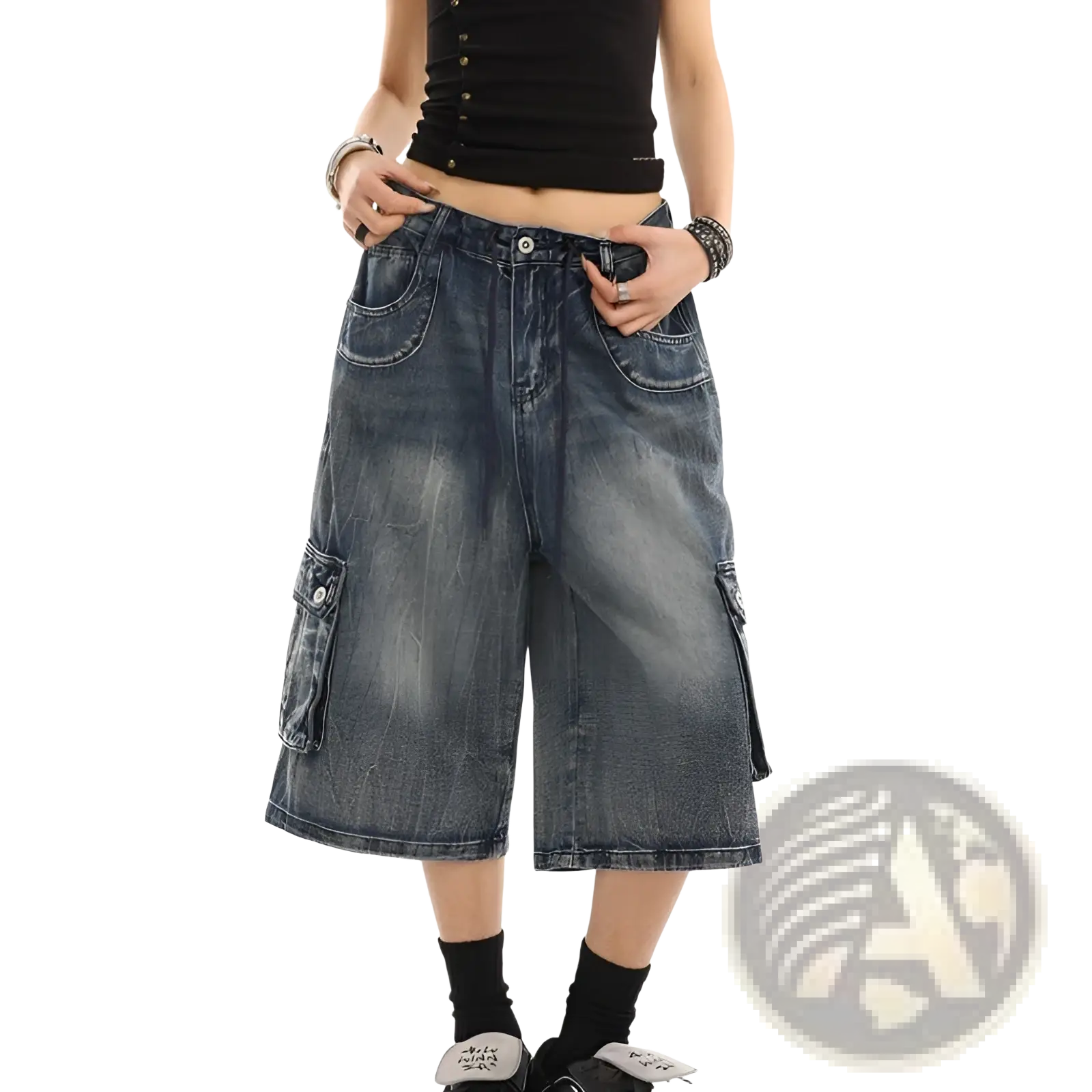 Blue denim cargo pants with a relaxed wide-leg cut multiple pockets in dark-wash denim for streetwear use