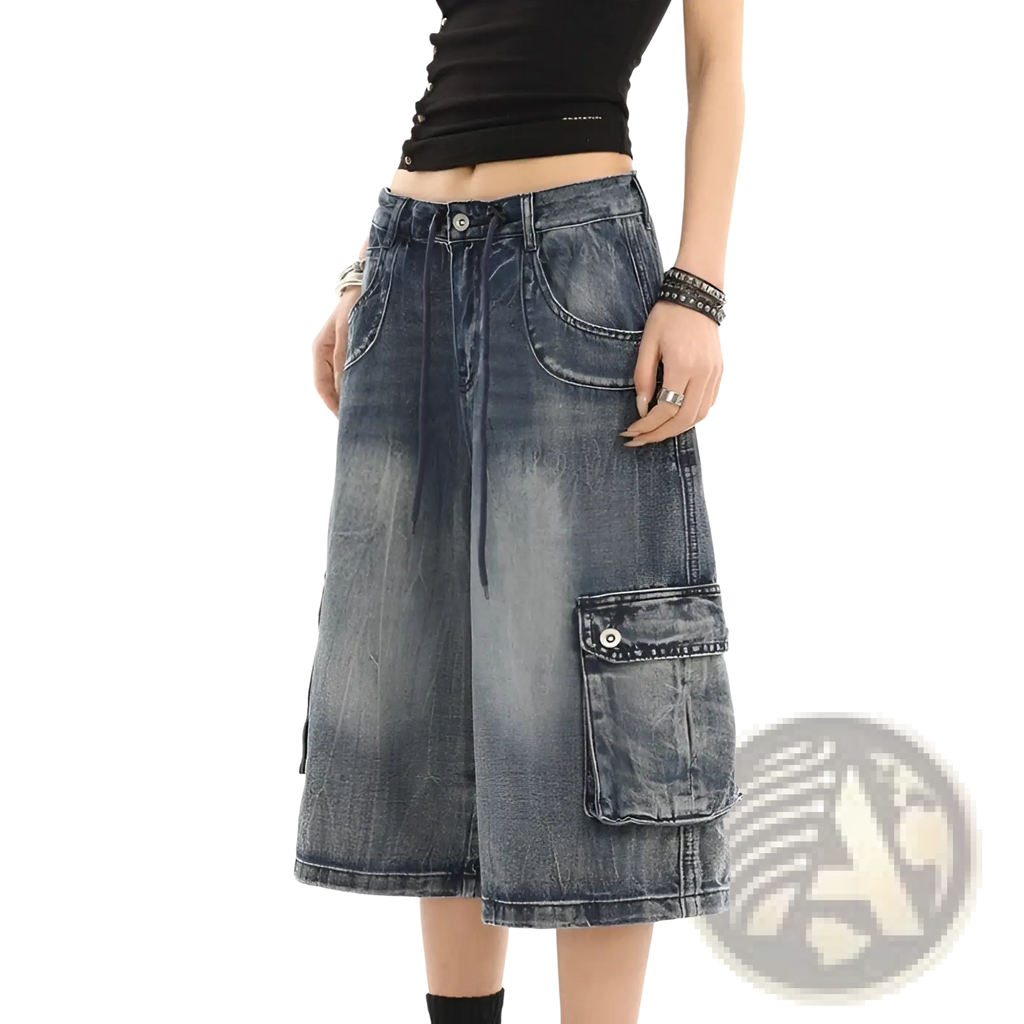 Blue denim cargo pants with a faded washed-out finish and multiple pockets in a straight leg streetwear style