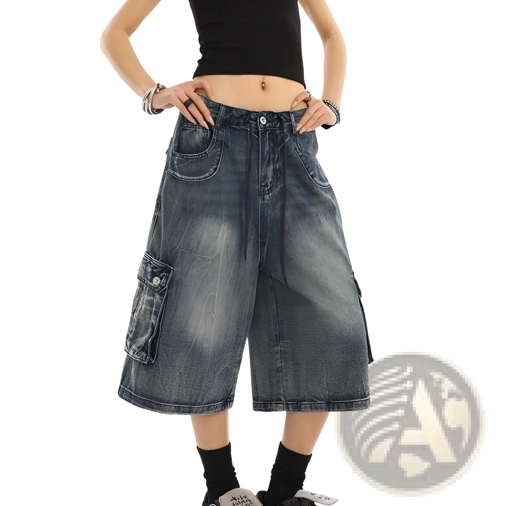 Blue denim cargo pants straight leg streetwear with wide-leg faded dark blue denim shorts and large cargo pockets