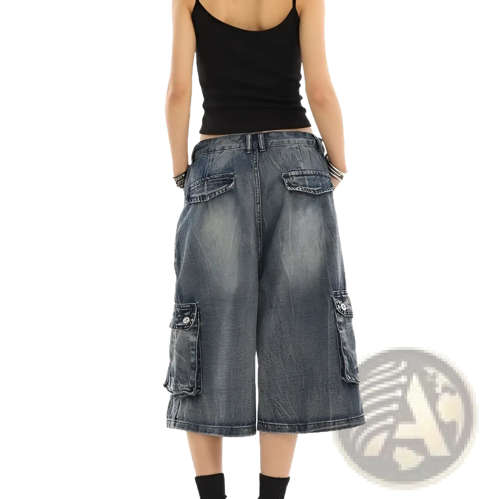 Wide-leg blue denim cargo shorts in faded wash with multiple buttoned flap pockets for streetwear style