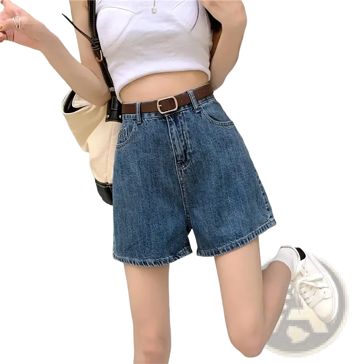 Blue denim high waisted shorts with classic five-pocket design frayed hem and matching belt in front view