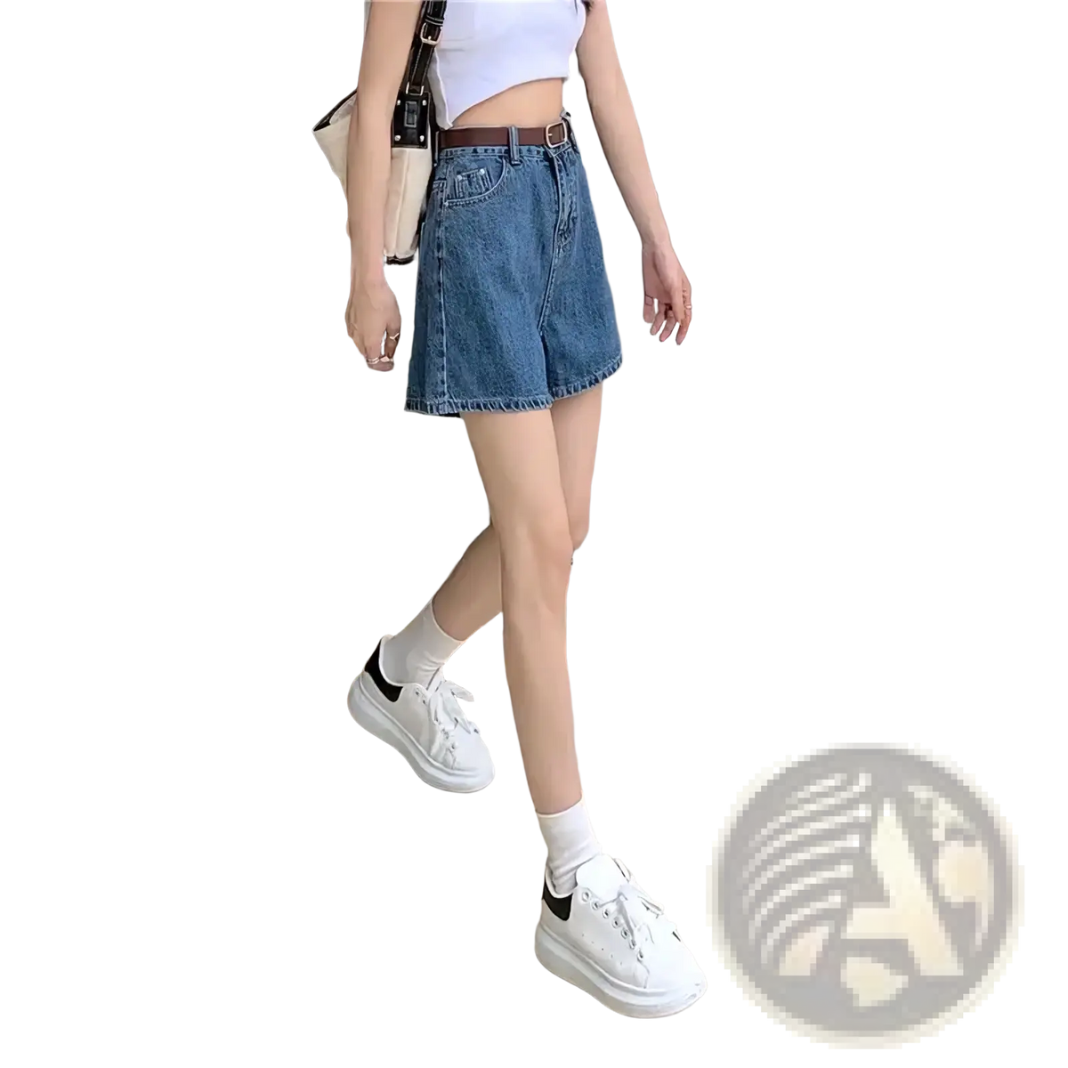Blue denim high waisted shorts in medium wash with frayed hems and a brown leather belt for casual wear