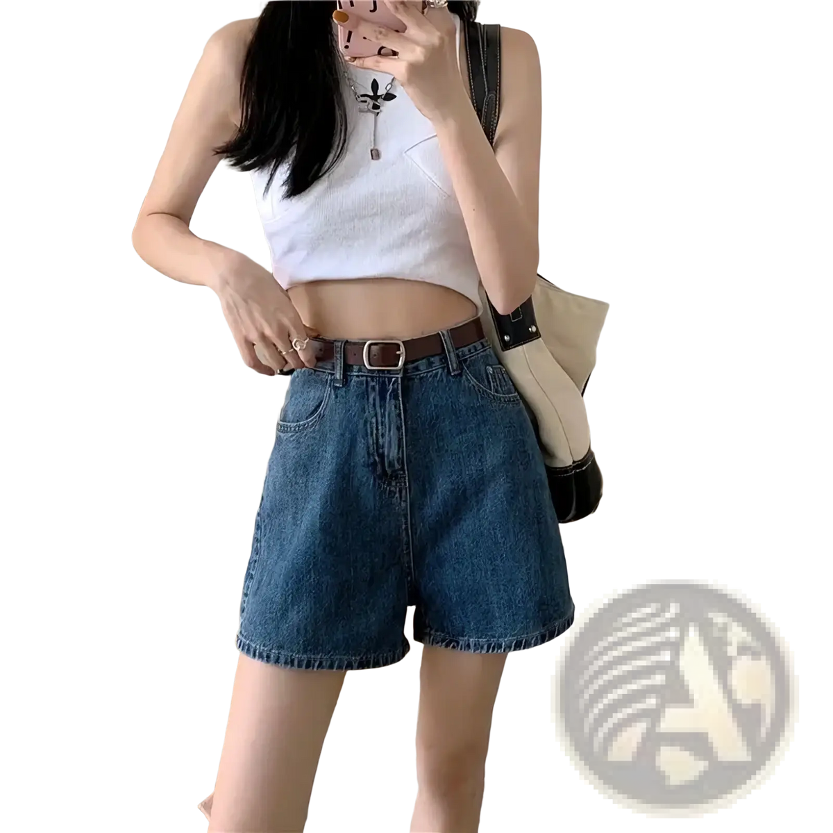 Blue denim high waisted shorts in medium blue wash with classic stitching and frayed hems and a belt