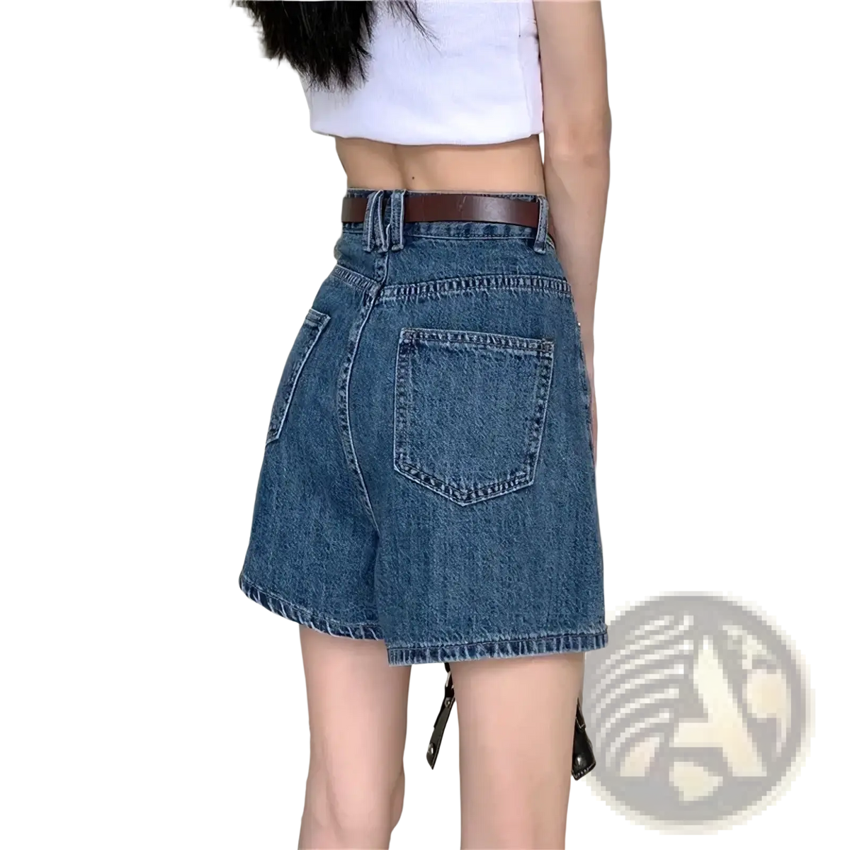 Blue denim high waisted shorts with belt shown from the back in medium blue wash with classic stitching and pockets
