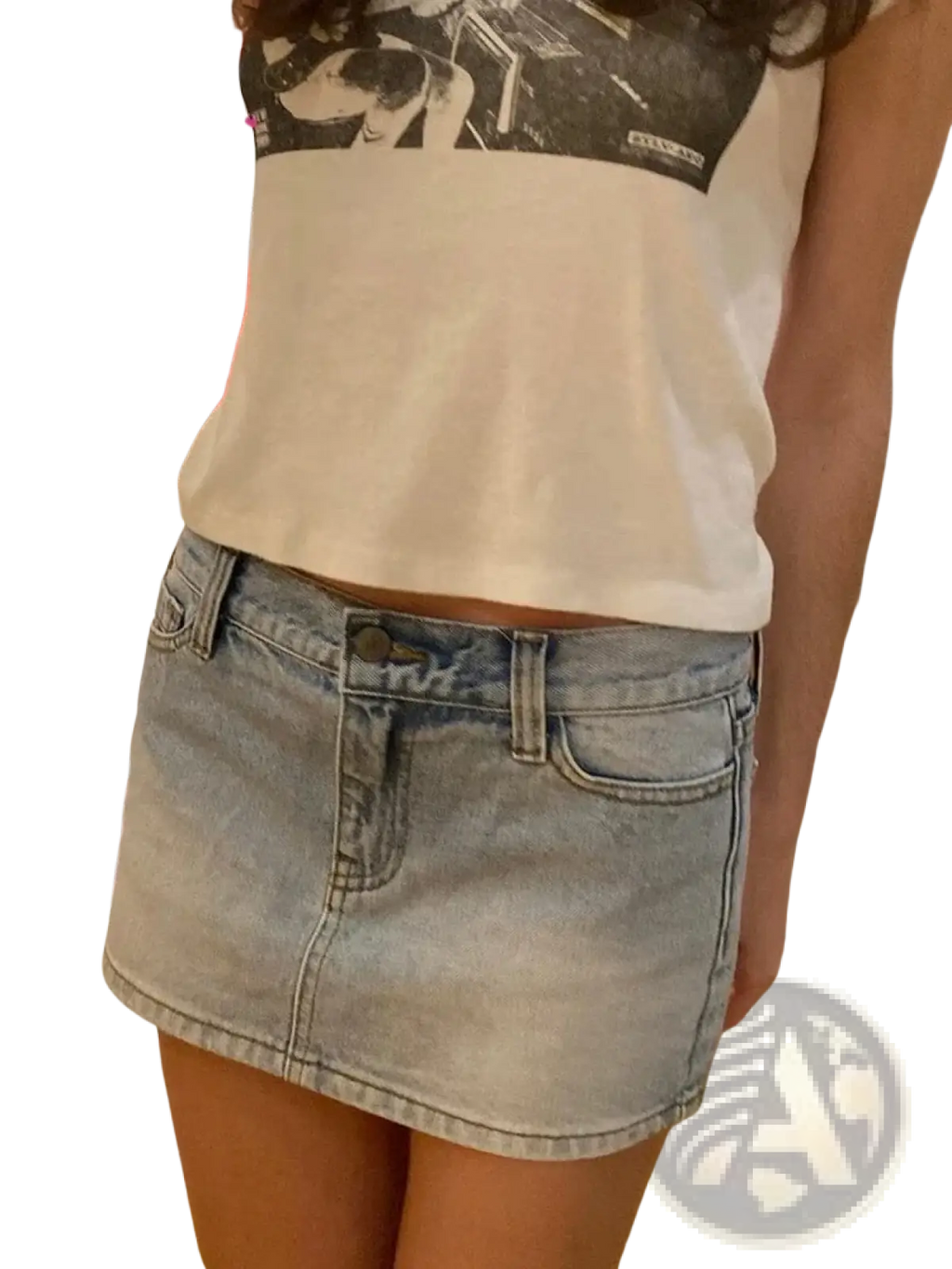 Light-wash denim mini skirt with classic five-pocket design and button closure high waist y2k streetwear style