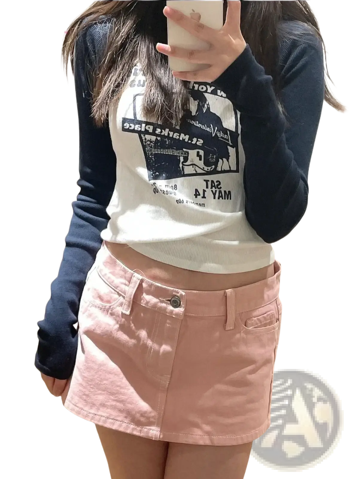 Pink denim mini skirt with button closure and front pockets designed in blue denim mini skirt high waist Y2K streetwear style