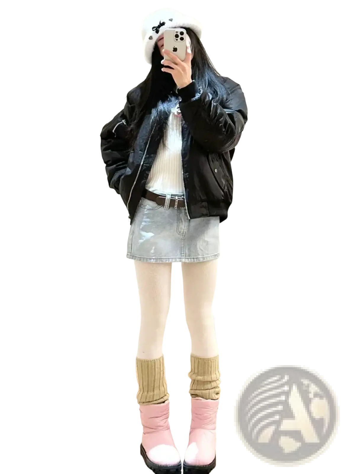 Pink snow boot with black sole and beige ribbed socks paired with blue denim mini skirt high waist y2k streetwear front view