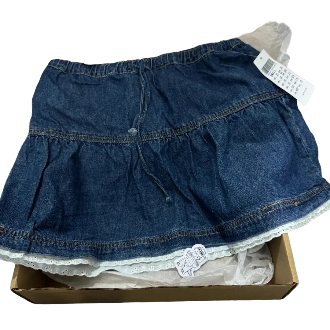 Blue denim mini skirt high waist with ruffled waistband and white lace trim for y2k streetwear style