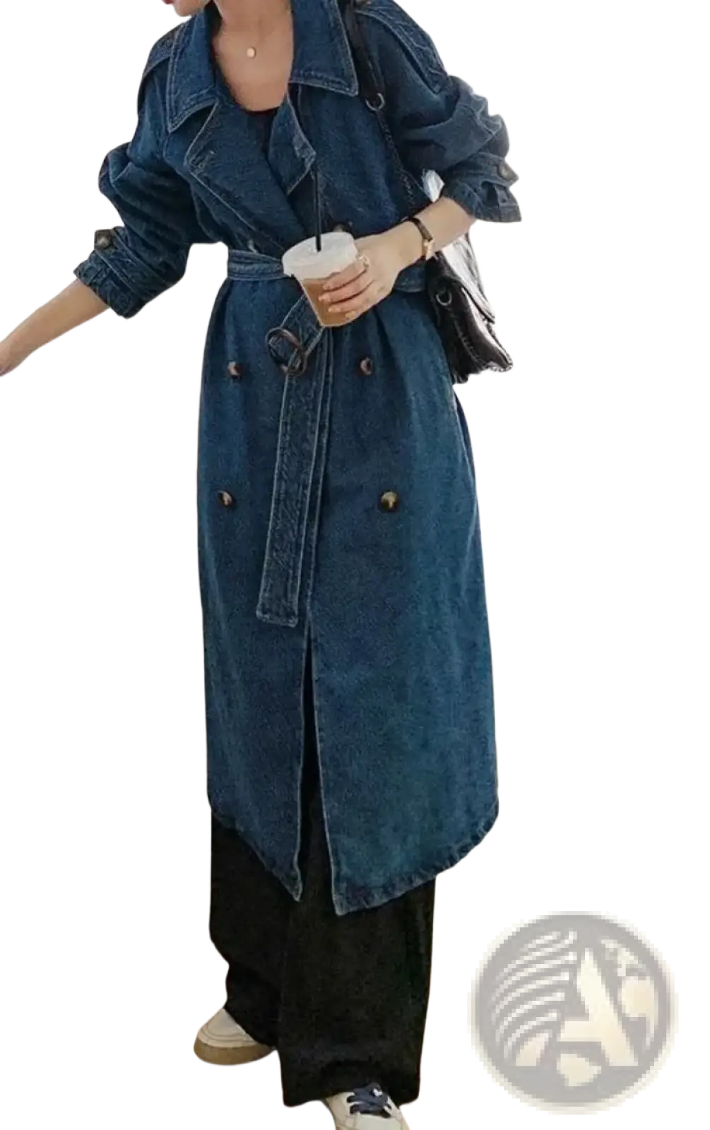 Dark blue denim trench coat for women with belted waist and button closures ideal for autumn outerwear