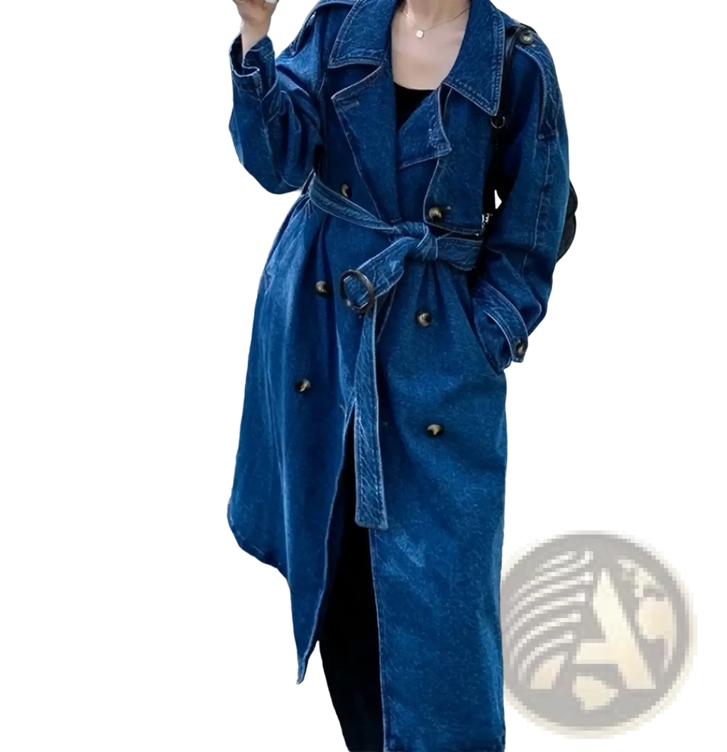 A deep blue denim trench coat for women with a belted waist and dark metal buttons autumn outerwear