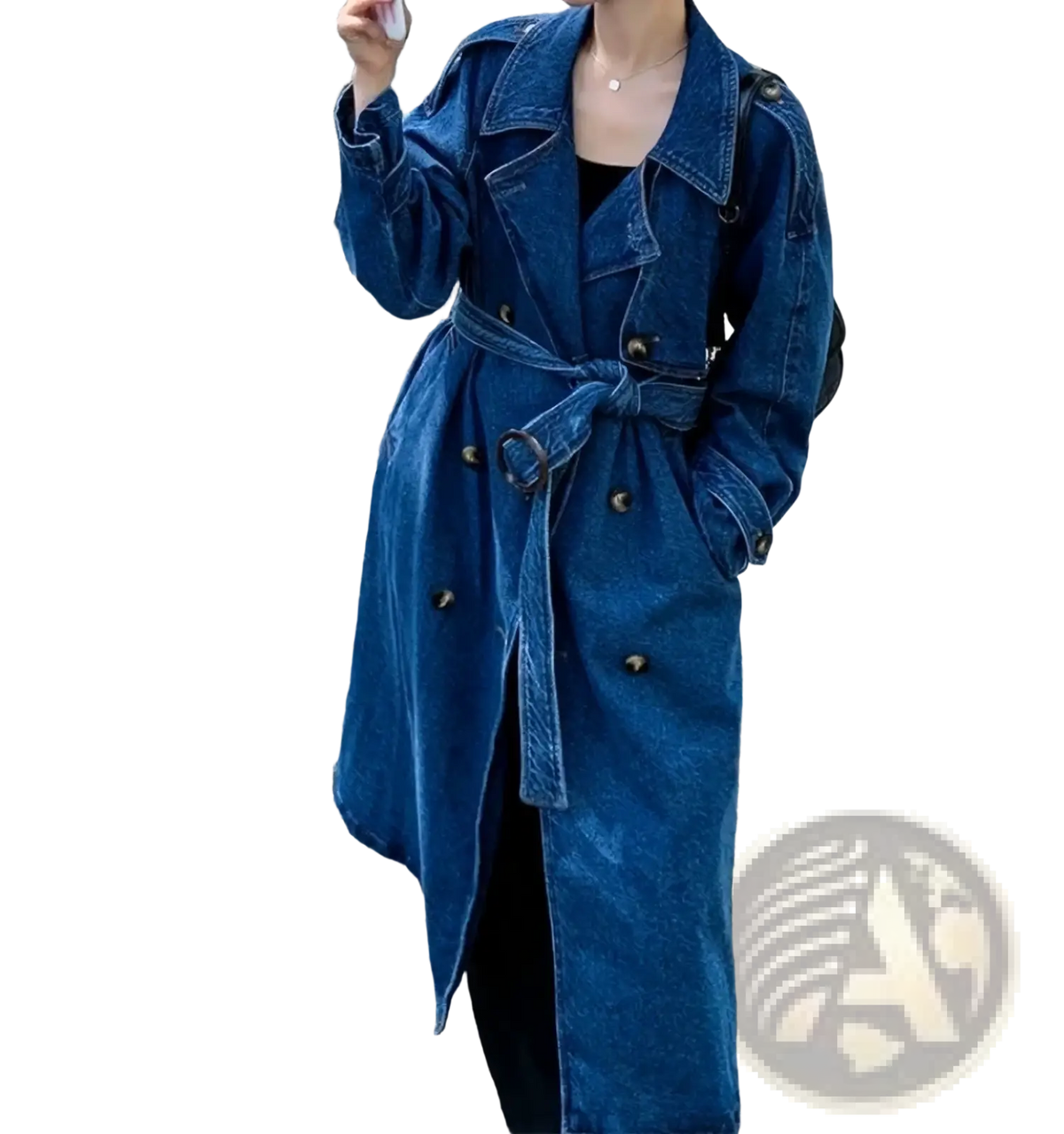 A deep blue denim trench coat with belted waist and double-breasted front for women autumn outerwear