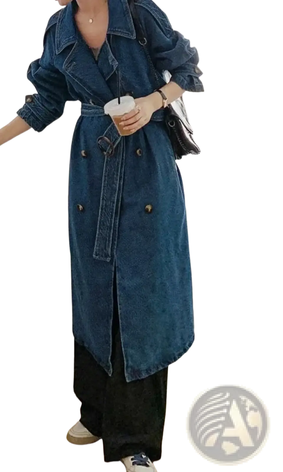 Blue denim trench coat for women featuring a belted waist and button closures ideal for autumn outerwear