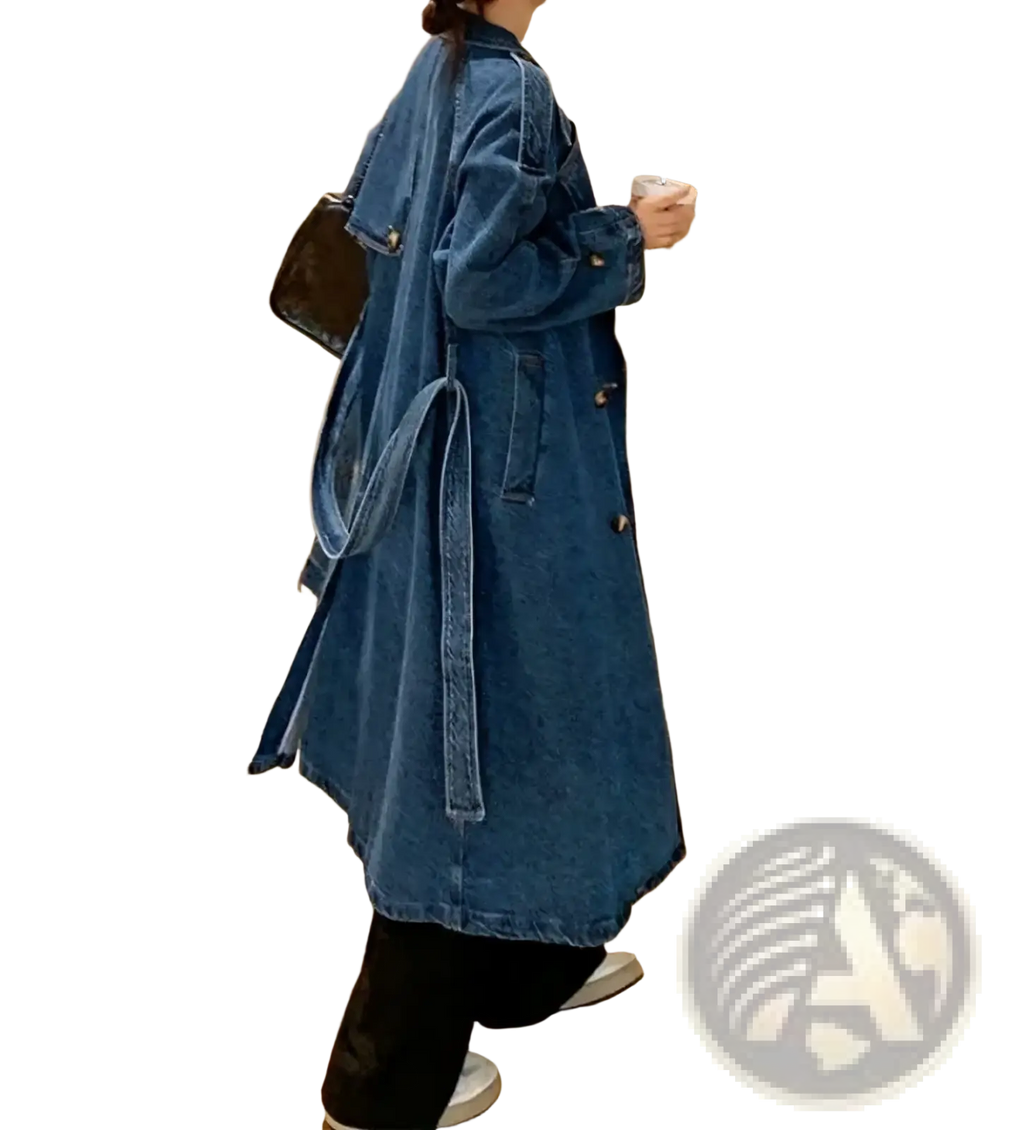 Blue denim trench coat for women with belted waist and double-breasted front suitable for autumn outerwear