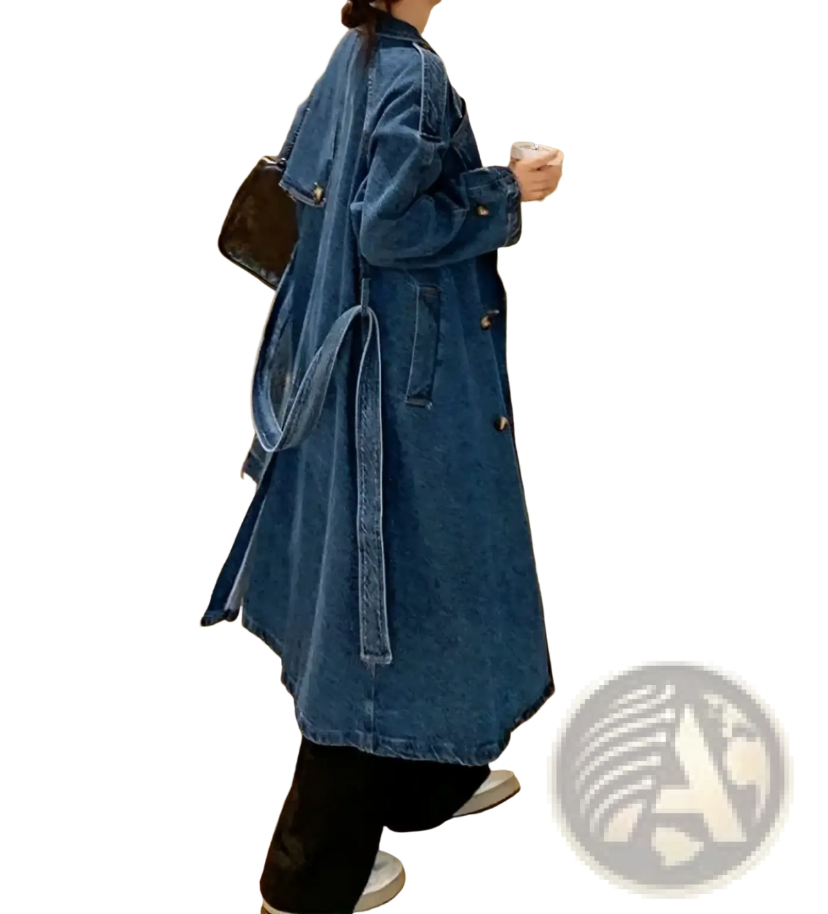 Blue denim trench coat for women with belted waist and double-breasted front suitable for autumn outerwear