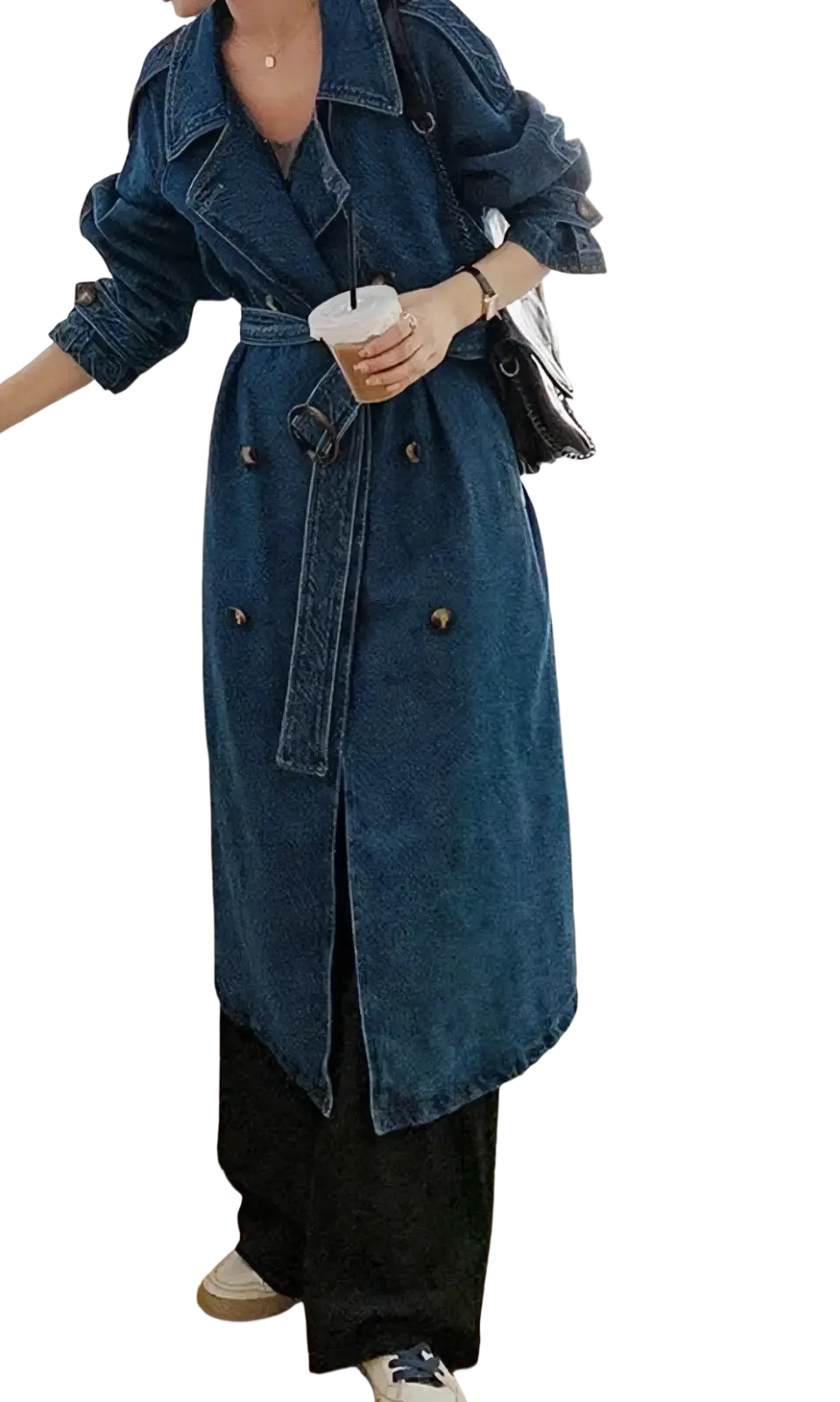 Blue denim trench coat for women with belted waist dark blue fabric and gold toned buttons autumn outerwear