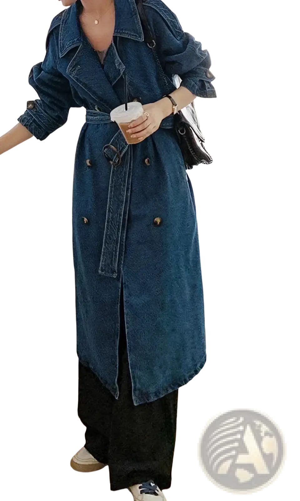 Blue denim trench coat for women with belted waist dark blue fabric and gold toned buttons autumn outerwear
