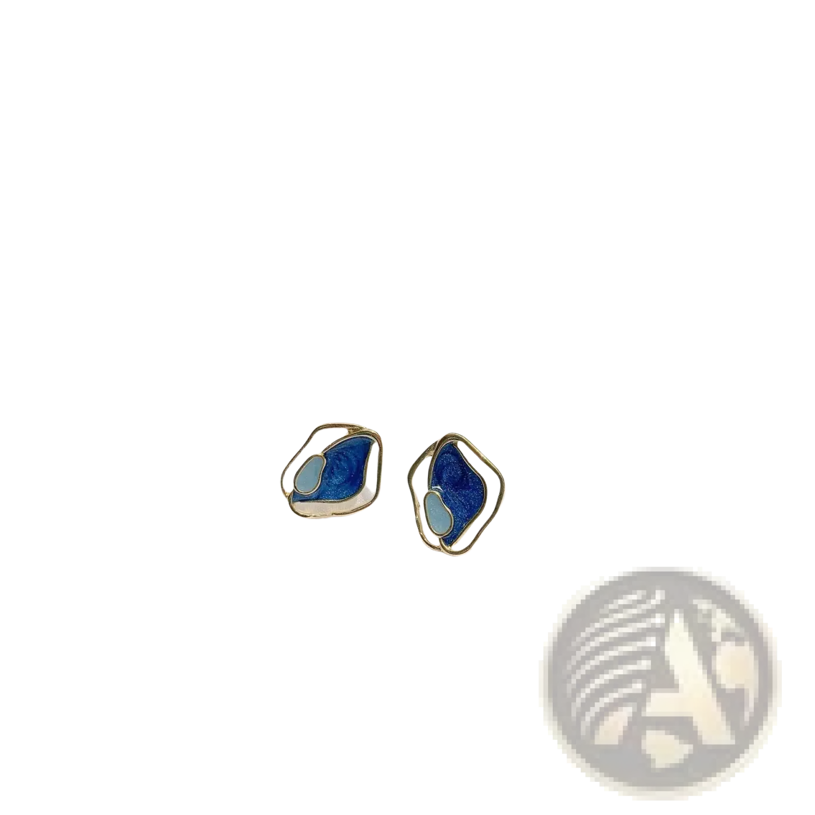 A pair of elegant blue enamel geometric silver stud earrings with gold-tone metal frames and modern abstract design
