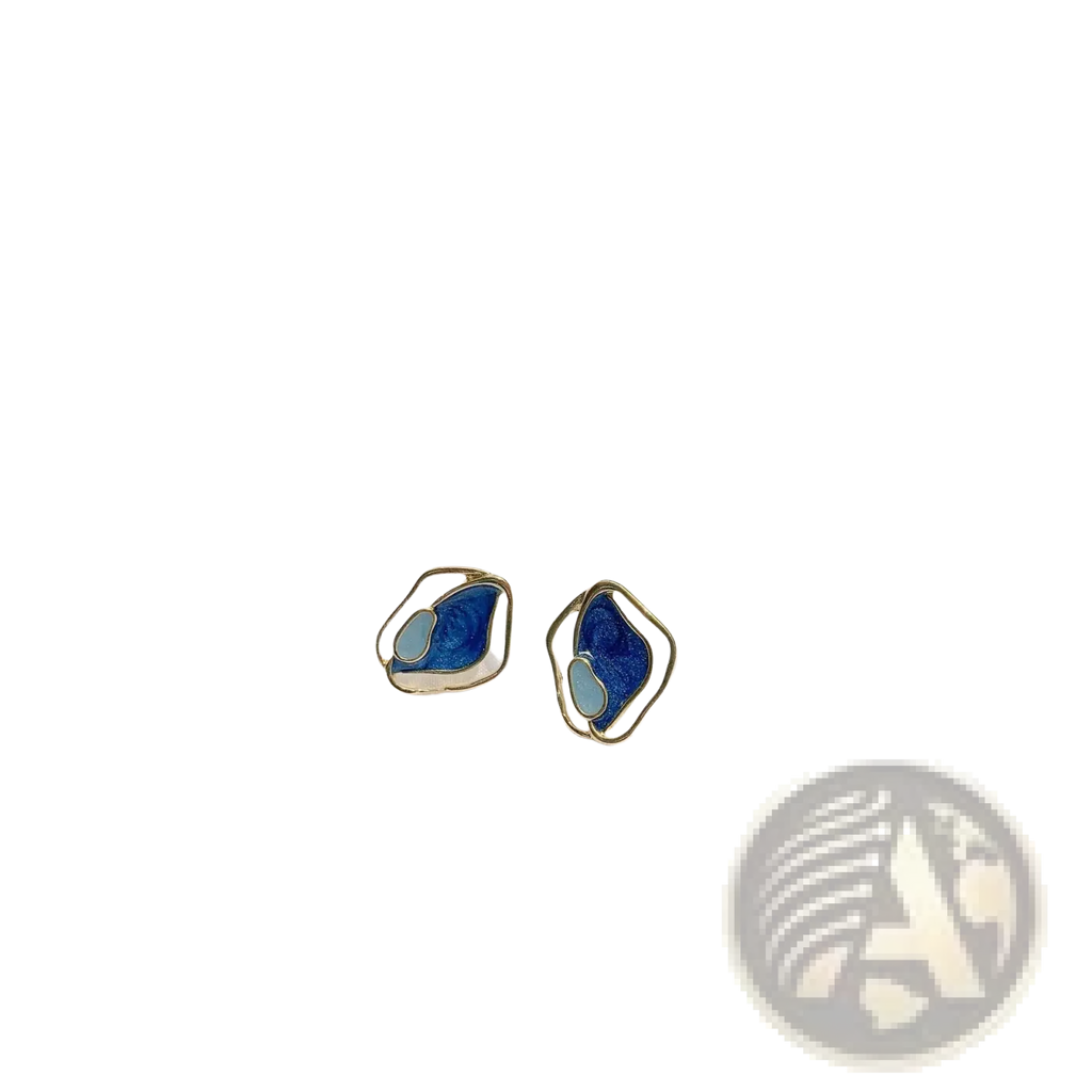 A pair of elegant blue enamel geometric silver stud earrings with gold-tone metal frames and abstract design