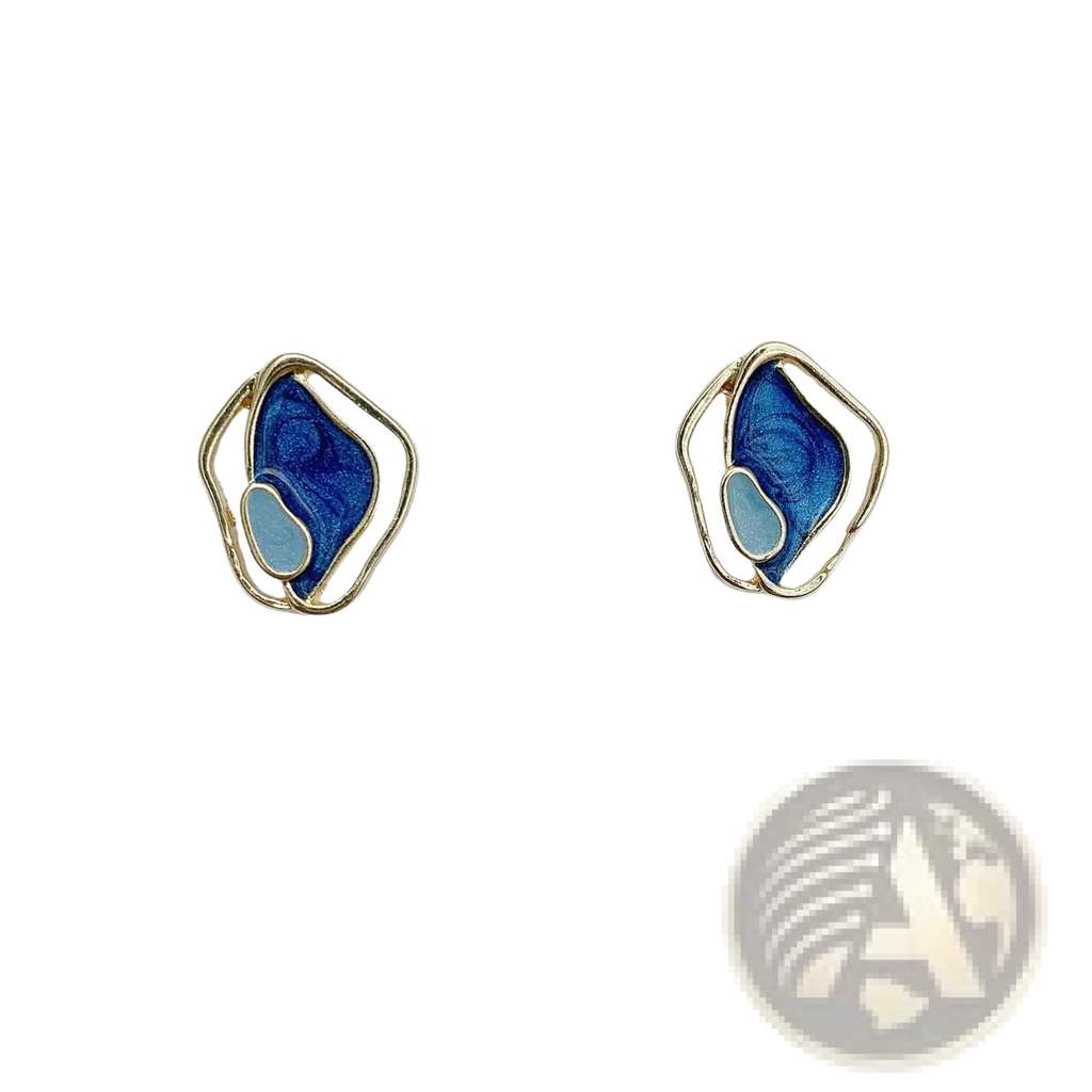 A pair of elegant blue enamel geometric silver stud earrings with gold-tone frames in abstract shapes