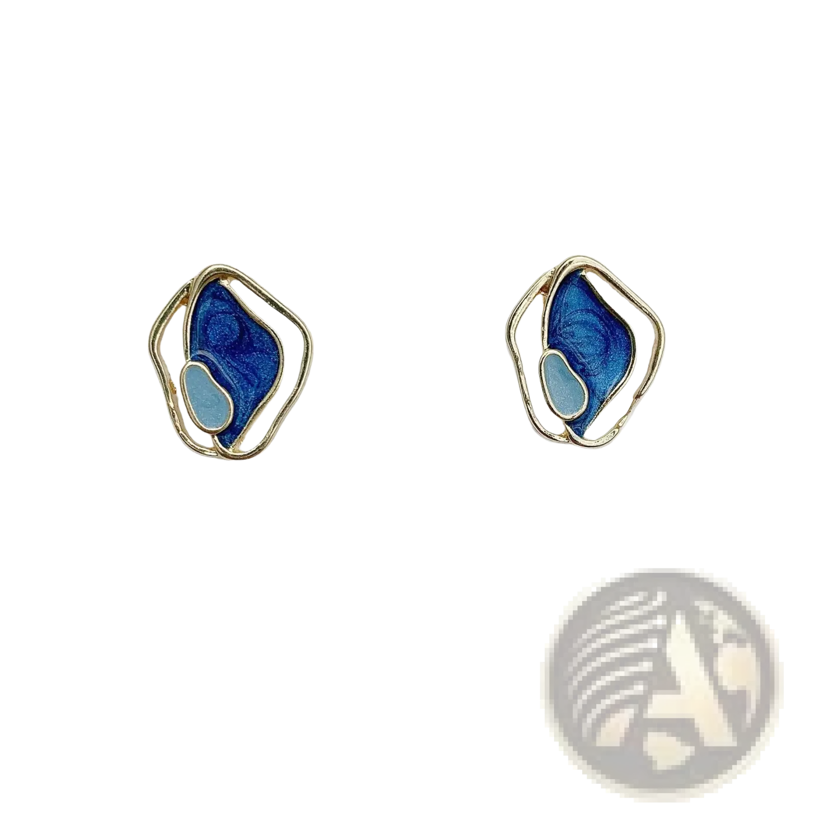 A pair of elegant blue enamel geometric silver stud earrings with gold-tone frames in abstract shapes