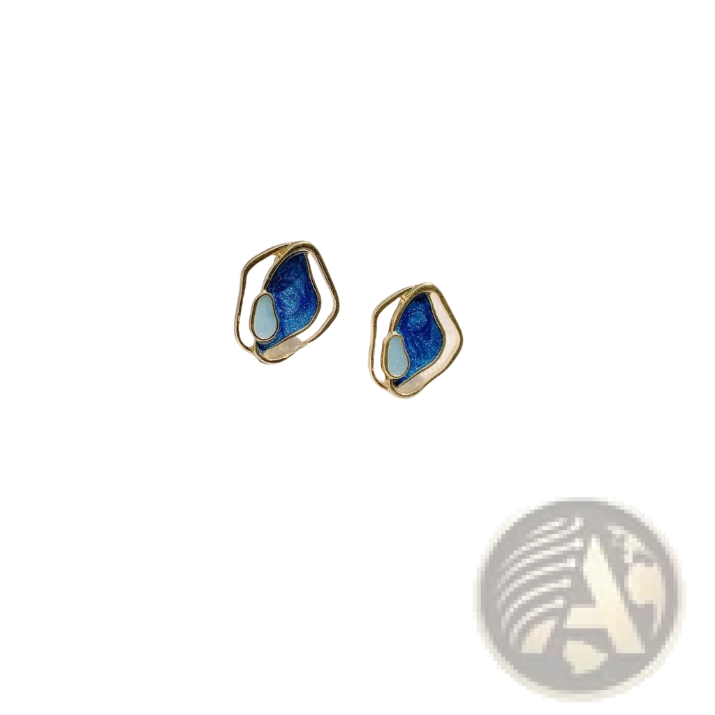 Blue and light blue enamel geometric silver stud earrings with gold-tone metal frames for elegant wear